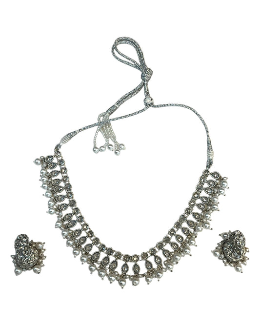 Clear / Silver - Medium Size Silver Finish Necklace Set with Earrings - RAK381 Rp - Prachy Creations