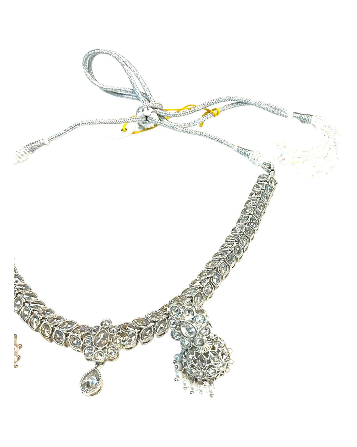Clear / Silver - Small Size Silver Finish Necklace Set with Earrings - SJ05 08C25 - Prachy Creations