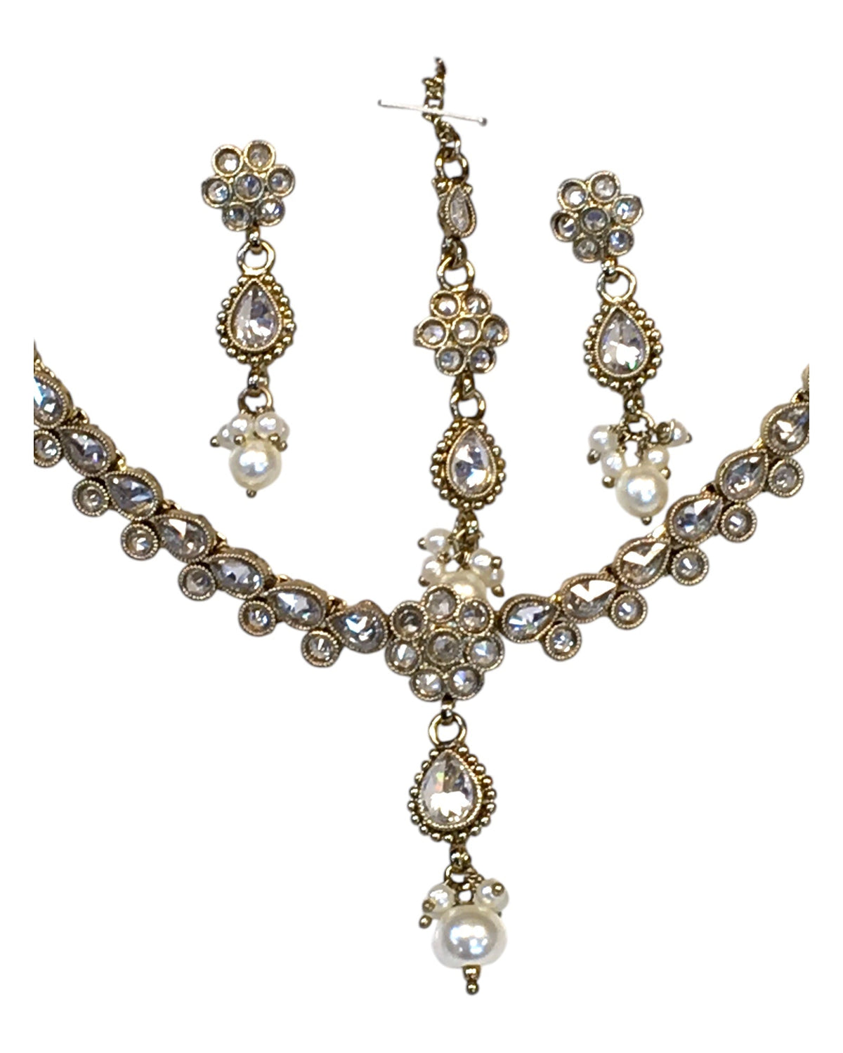 Clear - Small Size Antique Gold Finish Necklace Set with Earrings & Head Piece /Tika- SLV78 11Ap24 - Prachy Creations