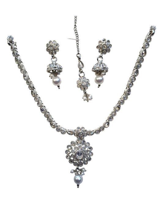 Clear - Small Size Silver Finish Necklace Set with Earrings & Head Piece /Tika- SLV79 11A24 - Prachy Creations