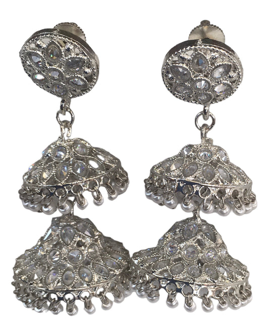 Clear Stone - Large - Silver Finish Traditional Zhumki Earrings - Bollywood - Weddings - HB992 C 0724 - Prachy Creations