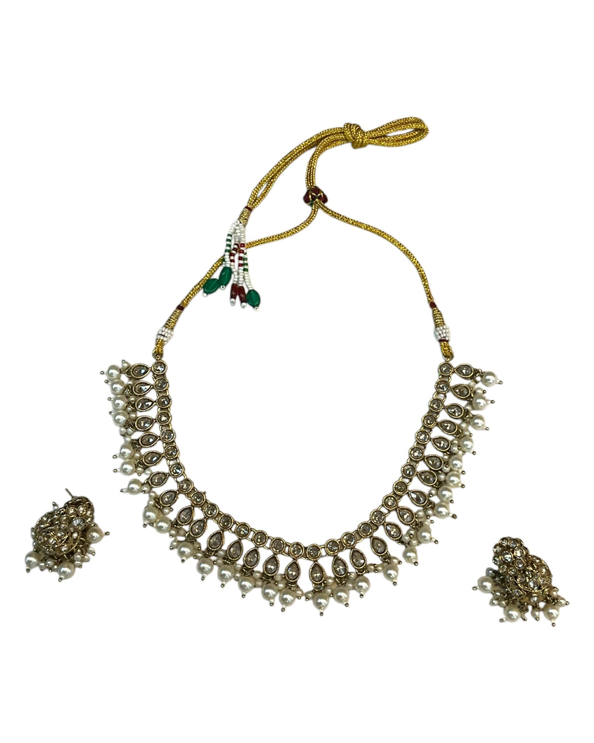 Clear / White - Medium Size Antique Gold Finish Necklace Set with Earrings - RAK381 Rp - Prachy Creations