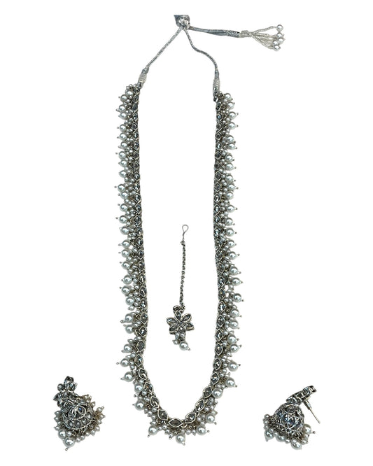 Clear / White - Medium Size Silver Finish Long Necklace Set with Earrings - RAK411 H 0525 - Prachy Creations