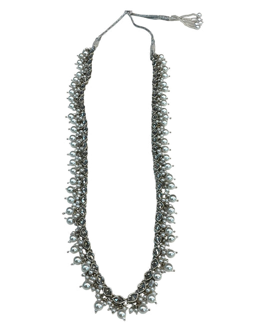 Clear / White - Medium Size Silver Finish Long Necklace Set with Earrings - RAK411 H 0525 - Prachy Creations