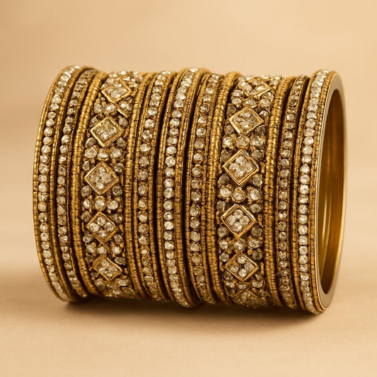 Clear White Stone and Pearl - Antique Gold Finish Bangles Set (Set of 18) - UK stock - SM, M, L, XL JAN2611 05P25 - Prachy Creations