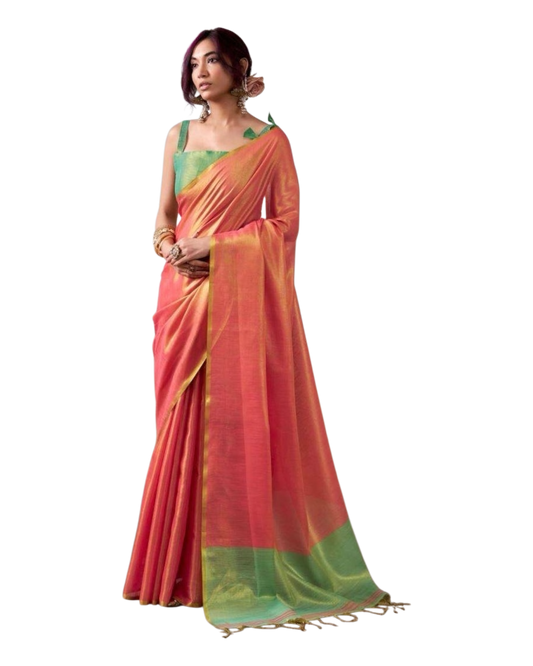 Coral - Classic Plain Cotton Silky Fancy Saree with Blouse Piece - UK Stock - 2/3 days Delivery 12KV25 RP514 - Prachy Creations