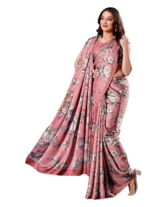 Coral - Floral Printed - Satin Finish Saree with Blouse Piece - SUSFEL19001B 10KJ25 - Prachy Creations