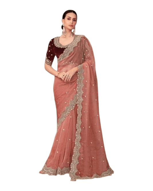 Coral Pink - Fancy Saree with contrast Blouse Piece - UK stock - 24hr Dispatch - TFH206TT - Prachy Creations