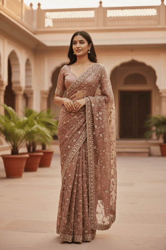 Coral Pink - Rich Bridal Saree with Allover Embroidery and Blouse Piece - UK stock - 24hr Dispatch - RS2519 JT - Prachy Creations