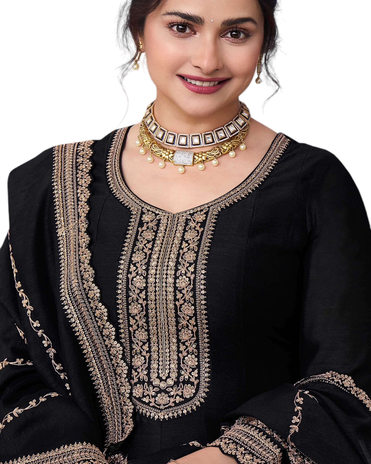 Cotton / Silky Black Anarakali Long Dress with Trousers - Size 12 (Bust 38") - Extra Margin inside - VF67743 TY 1024 - Prachy Creations