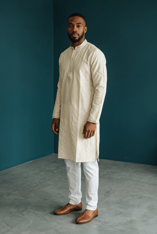 Cream - Banarasi Handloom Brocade Mens Indian Kurta set with Trousers - UK Stock - Weddings / Walimas , Sangeet, Diwali, Eid, Mehndi / Henna - VEE2602 VA - Prachy Creations