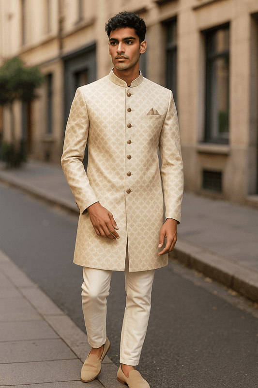 Cream - Classic Banarasi Handloom Gold Brocade Sherwani with Gold Buttons - UK Stock - BS789 08JC25 - Prachy Creations