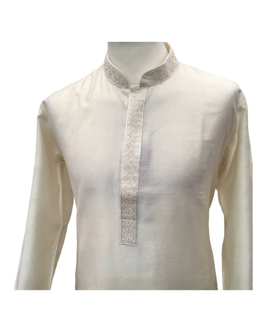 Cream - Cotton Silky Self Brocade Mens Kurta Set - Sangeet Mehendi Haldi - KCS1003 KK 1123 - Prachy Creations