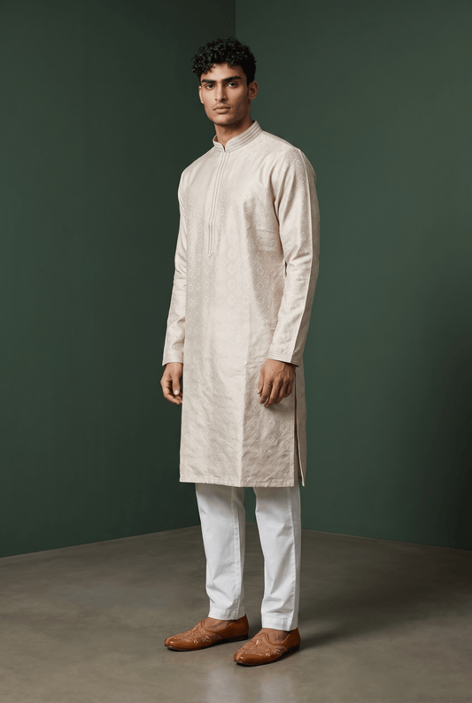 Cream / Gold - Banarasi Handloom Brocade Mens Indian Kurta set with Trousers - UK Stock - Weddings / Walimas , Sangeet, Diwali, Eid, Mehndi / Henna - VEE2470 VA - Prachy Creations
