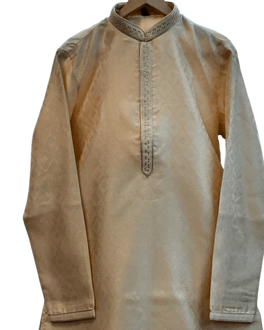 Cream / Ivory - Banarasi Handloom Brocade Mens Indian Kurta set with Trousers - UK Stock - Weddings / Walimas , Sangeet, Diwali, Eid, Mehndi / Henna - VEE2509 VR - Prachy Creations