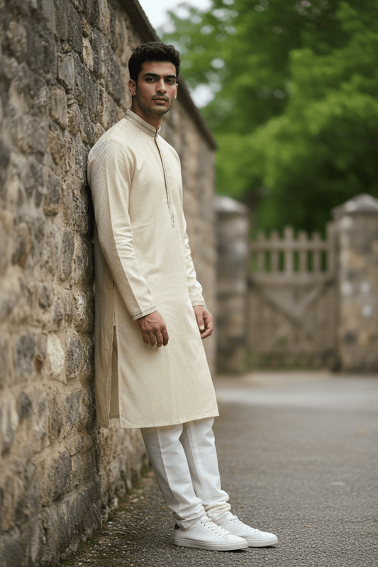 Cream / Light Gold - Banarasi Handloom Brocade Mens Indian Kurta set - UK Stock - Weddings / Walimas , Sangeet, Diwali, Eid, Mehndi / Henna - VEE2429 VP - Prachy Creations