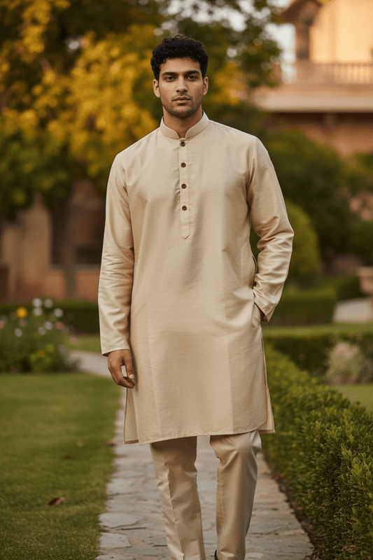 Cream / Light Gold - Silky Mens Indian Kurta set - UK Stock - Ideal to Pair with a Waistcoat - VEE1095 KJ - Prachy Creations