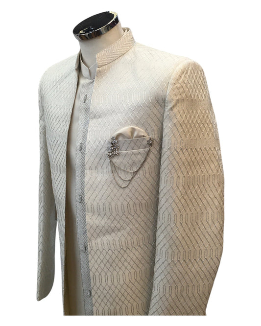 Cream / Off White - PREMIUM Mens Knee Length Sherwani Jacket with Long Waistcoat - Fantastic Fit - KCS6100 02PR25 - Prachy Creations