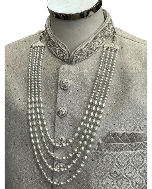 Cream - Rich Banarasi Brocade Sherwani with Pearls and Light Pink Embroidery - JF002 05RP26 - Prachy Creations