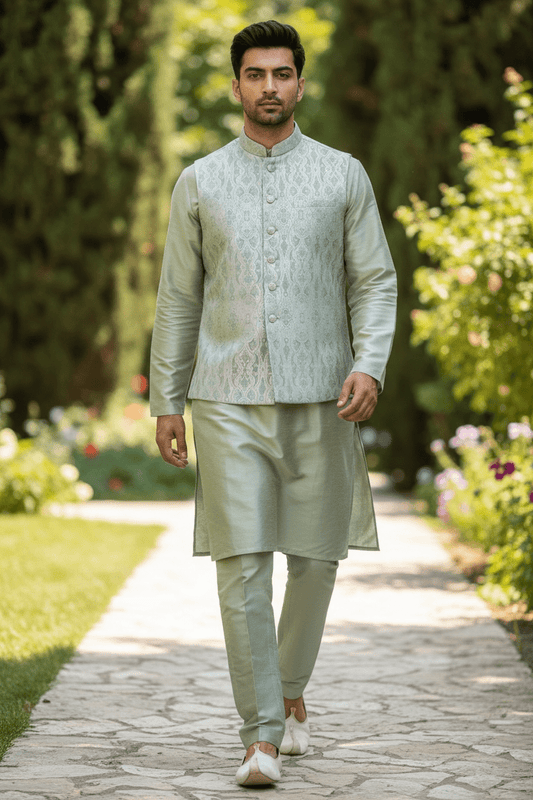 Cream - Sage Green Brocade - Premium Banarasi Handloom - Mens Indian Waistcoat - UK Stock - 24 hr Dispatch - VNS2607 03KP26 - Prachy Creations