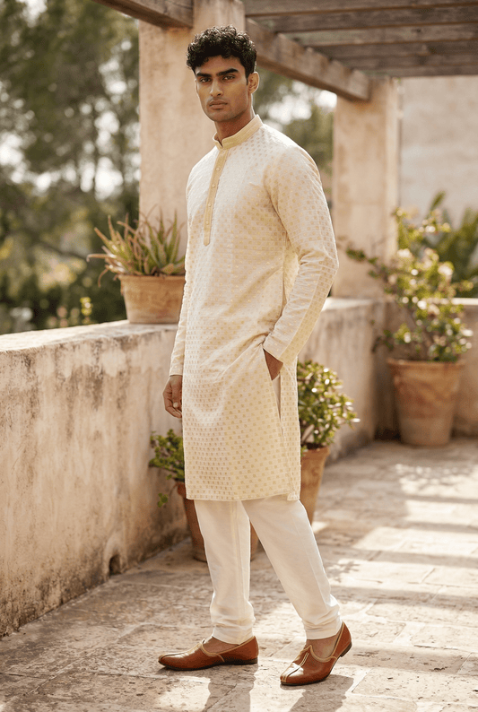Cream - Shaded Lucknowi Sequins Mens Indian Kurta Set - Weddings / Walimas , Sangeet, Eid, Mehndi / Henna - KCS1040 VK 0225 - Prachy Creations