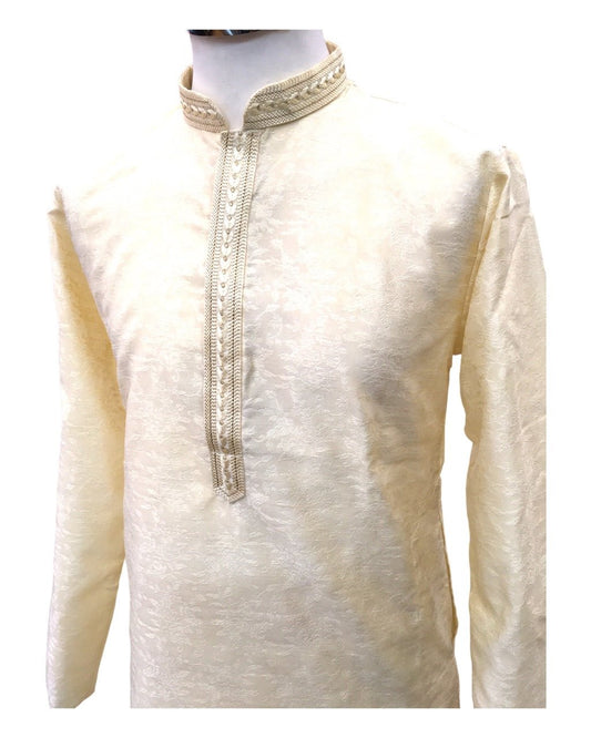 Cream - Silky Self Brocade Mens Kurta Set - Wedding Sangeet Mehendi Haldi - SHU2307 KT 0923 - Prachy Creations