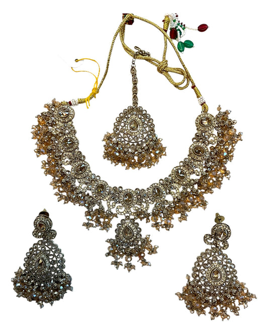 Crystal / Champagne - Large - Antique Gold Finish Necklace Set with Earrings & Head Piece - AE2512 08KV25 - Prachy Creations