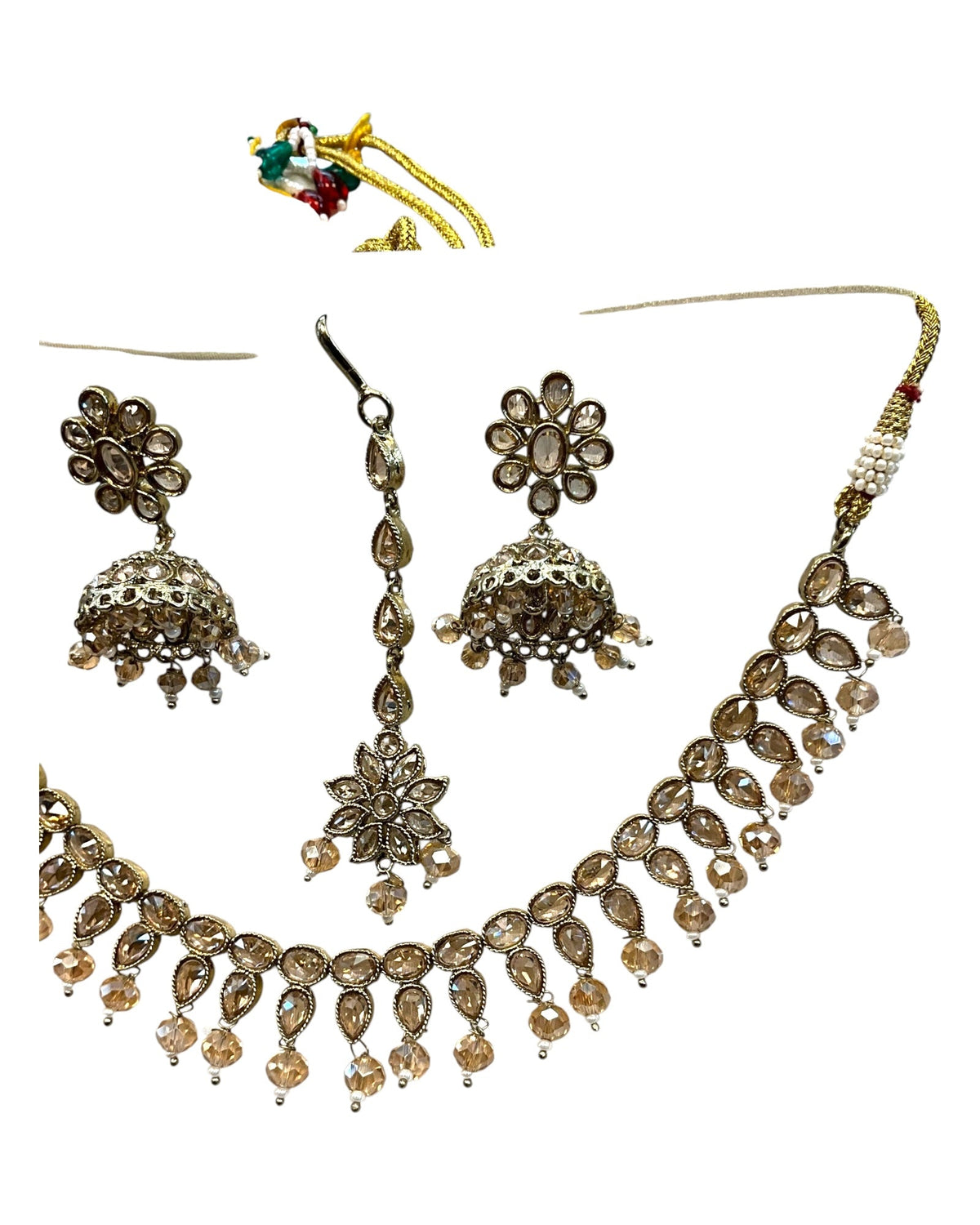 Crystal / Champagne - Medium Size Antique Gold Finish Necklace Set with Earrings & Head Piece - KAJ1054 08A25 - Prachy Creations