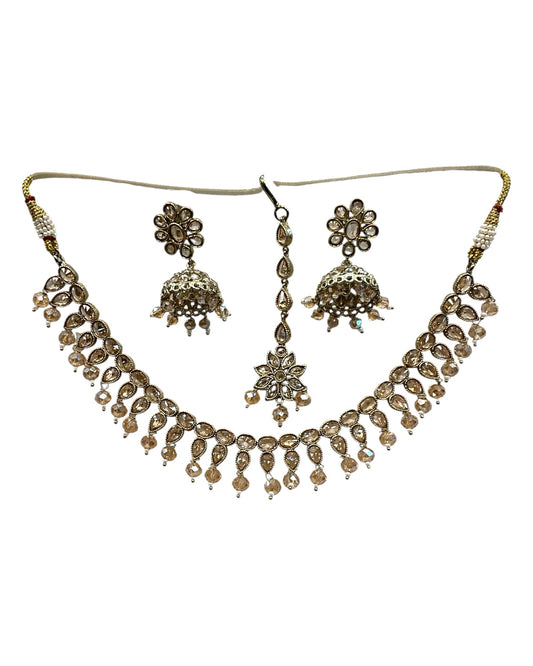 Crystal / Champagne - Medium Size Antique Gold Finish Necklace Set with Earrings & Head Piece - KAJ1054 08A25 - Prachy Creations