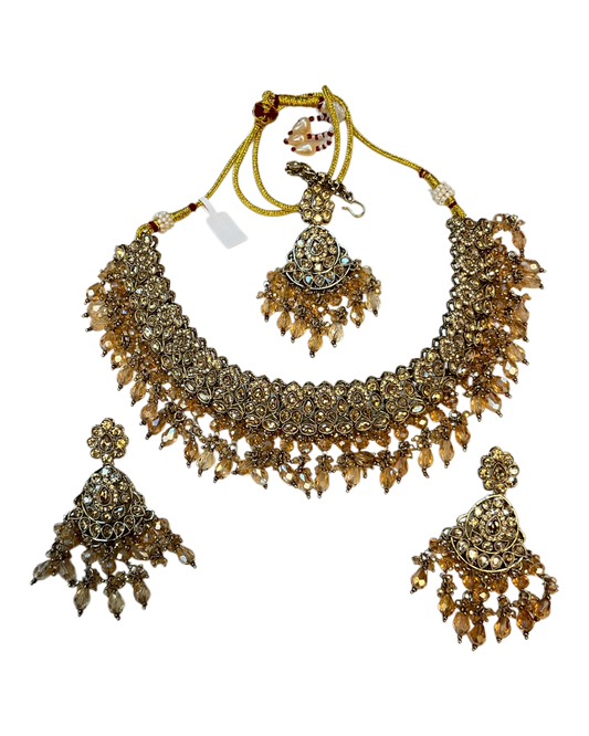 Crystal - Large Size Antique Gold Finish Necklace Set with Earrings & Head Piece - JIG82 04KV26 - Prachy Creations