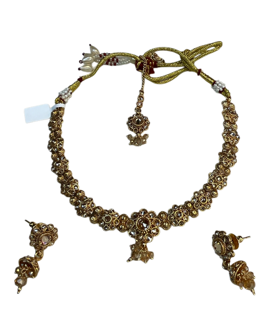 Crystal - Medium Size Gold Finish Necklace Set with Earrings & Head Piece - SLV90 04Cp26 - Prachy Creations