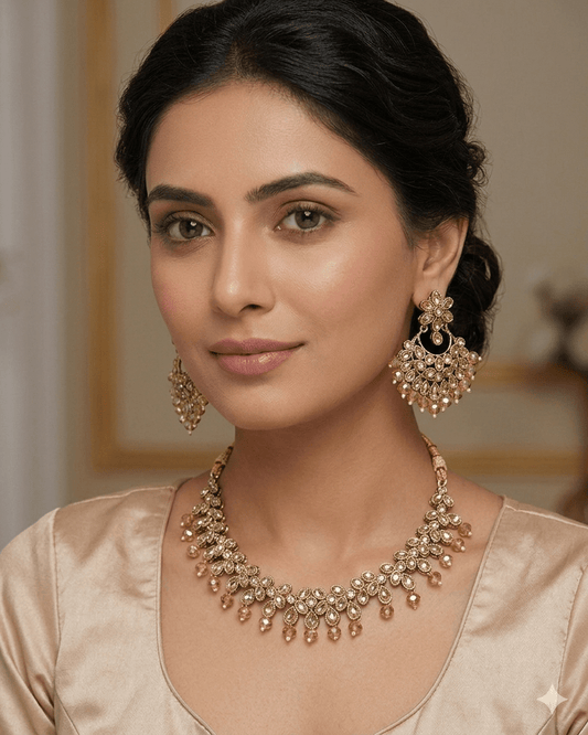 Crystal / Neutral - Medium Size Antique Gold Finish Necklace Set with Earrings & Head Piece - KAJ1016 03KK26 - Prachy Creations