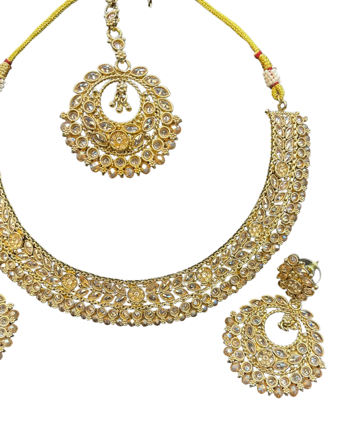Crystal / Neutral - Medium Size Antique Gold Finish Necklace Set with Earrings - SJ07 08KY25 - Prachy Creations