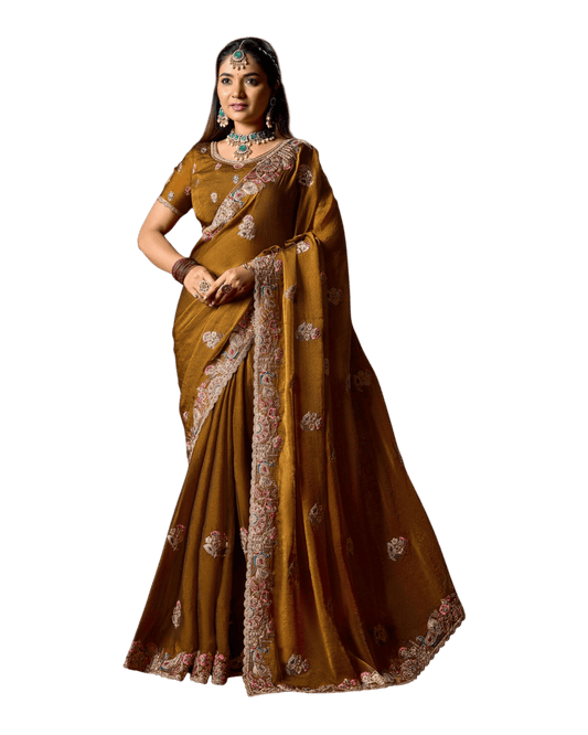 Dark Gold - Fancy Party Saree with Blouse Piece - UK stock - 24hr Dispatch - LTF901 07VV26 - Prachy Creations