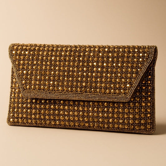 Dark Gold Finish - Rich Hand Embroidered Clutch Bag / Handbag - AKB235 05KP25 - Prachy Creations