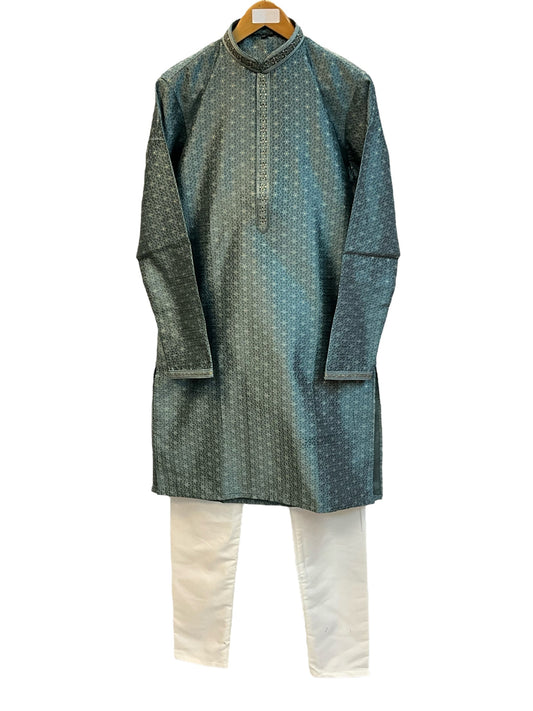 Dark Grey - Banarasi Handloom Brocade Mens Indian Kurta set with Trousers - UK Stock - Weddings / Walimas , Sangeet, Diwali, Eid, Mehndi / Henna - VEE2422 VR - Prachy Creations