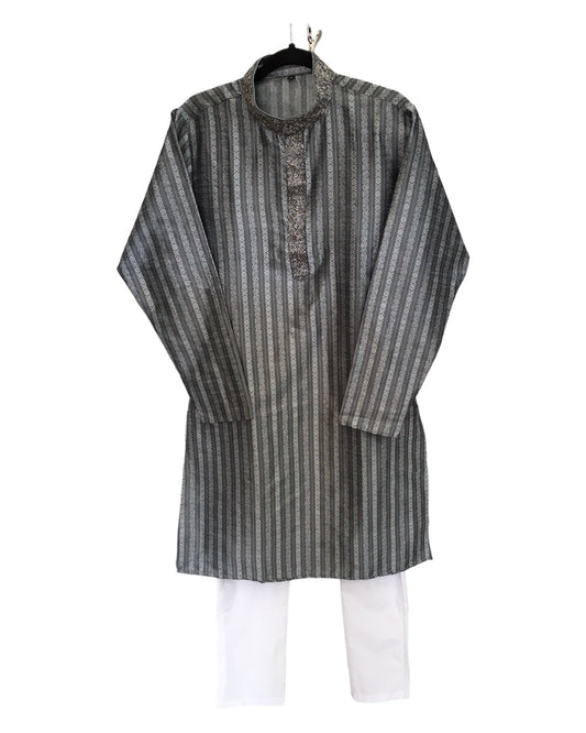 Dark Grey - Cotton Silk Brocade Mens Indian Kurta set - Weddings / Walimas , Sangeet, Eid, Mehndi / Henna - KCS1052 06VA24 - Prachy Creations