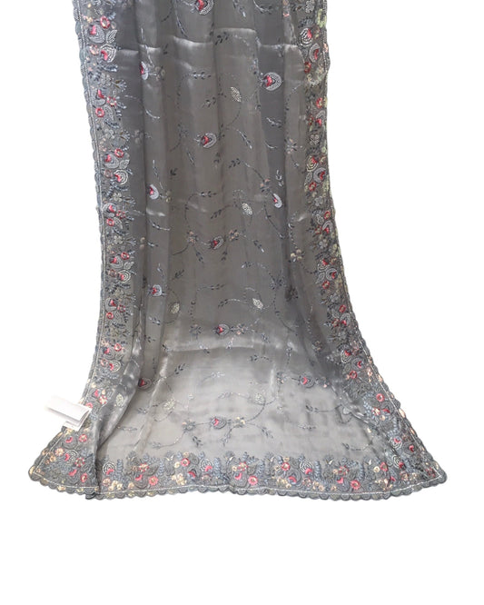 Dark Grey - Pastel Sequins Silky Saree with Blouse Piece - MF3764 JY 0824 - Prachy Creations
