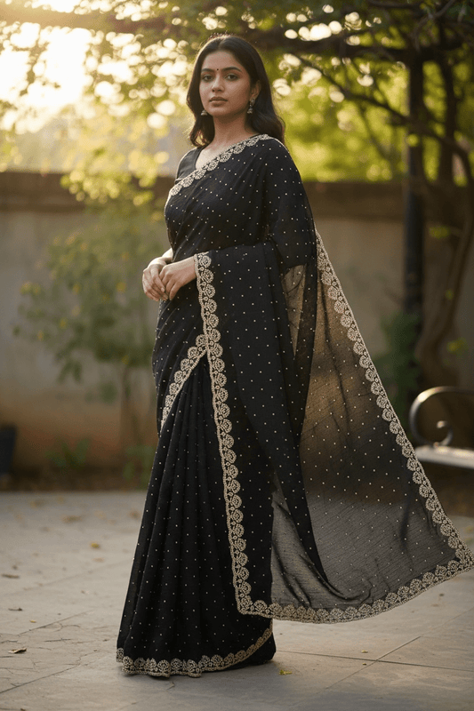 Dark Grey - Rich Saree with Stone Work Border and Blouse Piece - UK stock - 24hr Dispatch - RS2509 VA - Prachy Creations