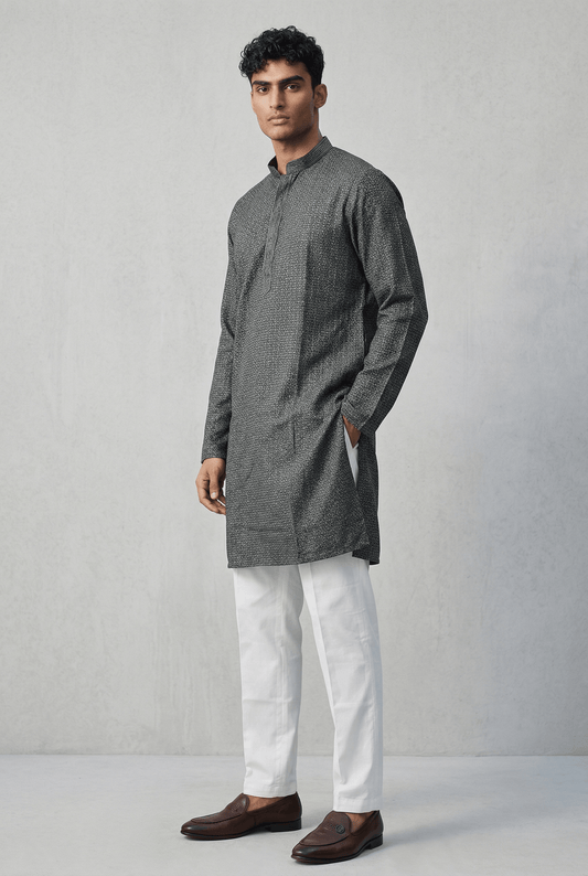 Dark Grey - Rich Sequins Lucknowi Chiffon Mens Indian Kurta Set with Smart Pants - Weddings / Walimas , Sangeet, Eid, Mehndi / Henna - KCS1261 VP 0225 - Prachy Creations