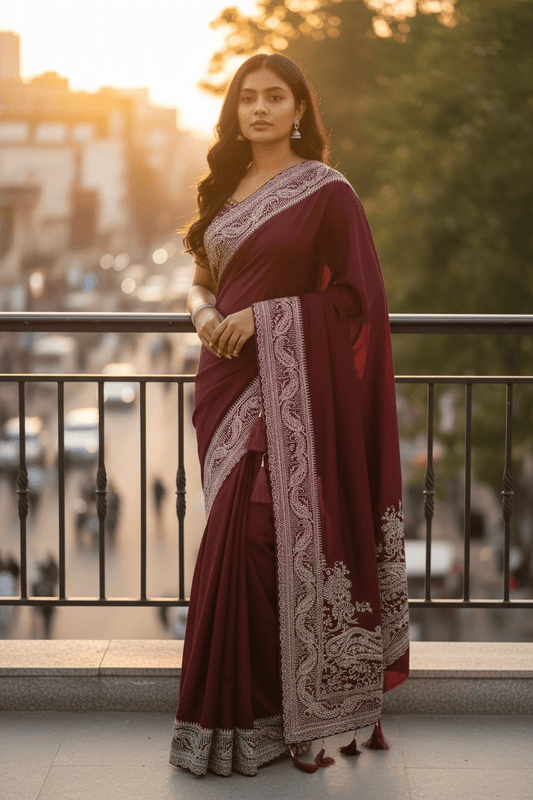 Dark Magenta - Classic Saree with Thread / Stone Work and Blouse Piece - UK stock - 24hr Dispatch - RS2506 VP - Prachy Creations