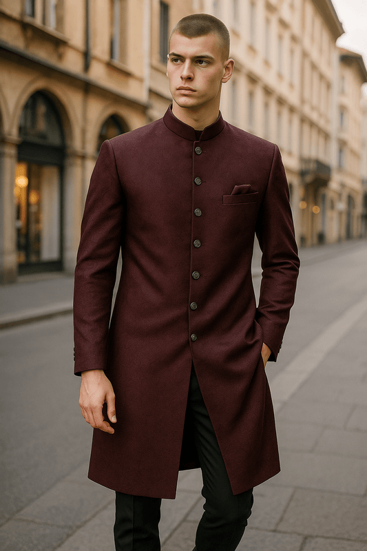 Dark Maroon / Wine - Classic Banarasi Handloom Brocade Sherwani with Gold Buttons - BS788 08JC25 - Prachy Creations