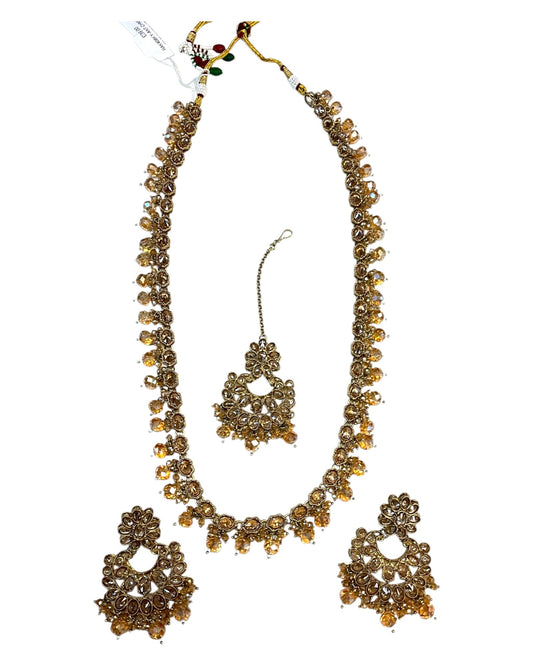 Dark Pearl - Large Size Antique Gold Finish Long Necklace Set with Earrings - RAK408 KY 0525 - Prachy Creations