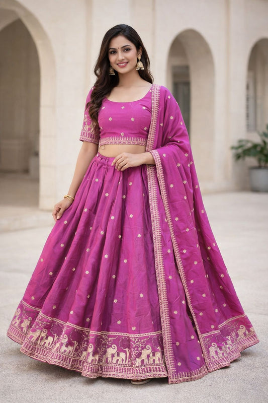Dark Pink / Mauve - Dupion Silk Lehenga Set - Garba / Dandia , Mehndi / Sangeet / Weddings - Size UK 12 (38" Bust) Adjustable to Size 14 - UK Stock - 24h Dispatch - AF2603 02TY26 - Prachy Creations
