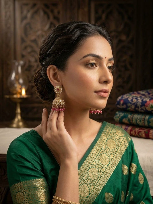 Dark Pink - Petite Floral Kundan & Pearl Jhumka Earrings - Prachy Creations