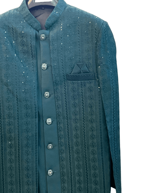 Dark Teal - Mens Knee Length Jacket with Long Waistcoat - Sherwani / Indo-Western - Fantastic Fit - KCS6625 03TT26 - Prachy Creations
