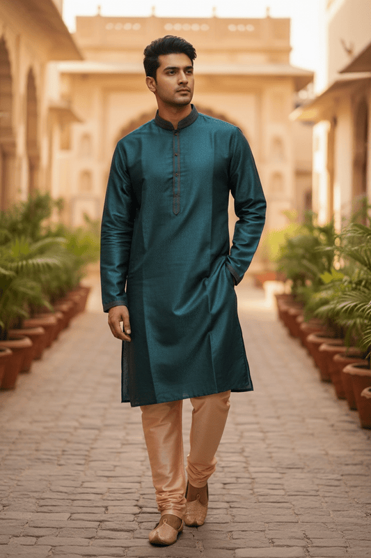 Dark Teal - Silky Mens Indian Kurta set - UK Stock - Ideal to Pair with a Waistcoat - VEE2483 KH - Prachy Creations
