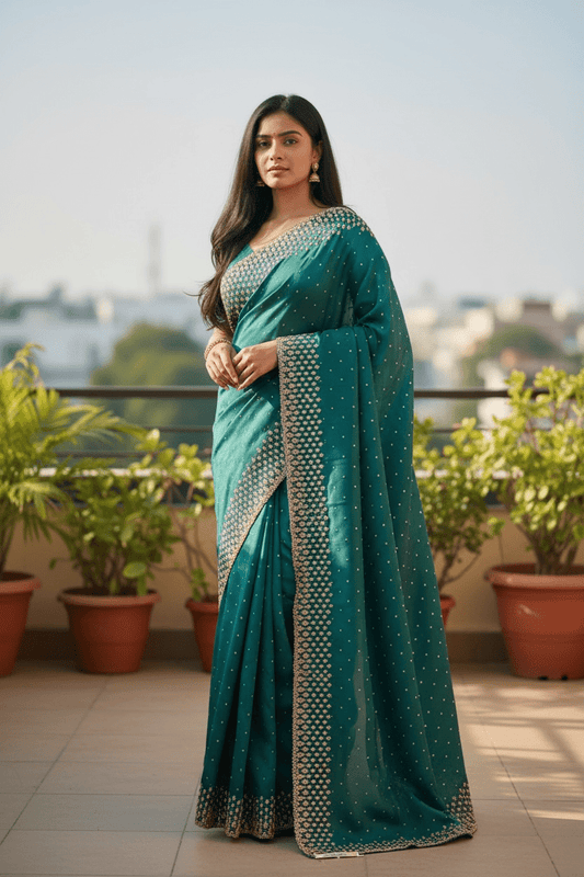 Dark Turquoise Blue - Fancy Embroidered Saree with Blouse Piece - UK stock - 24hr Dispatch - SP250620 VK - Prachy Creations