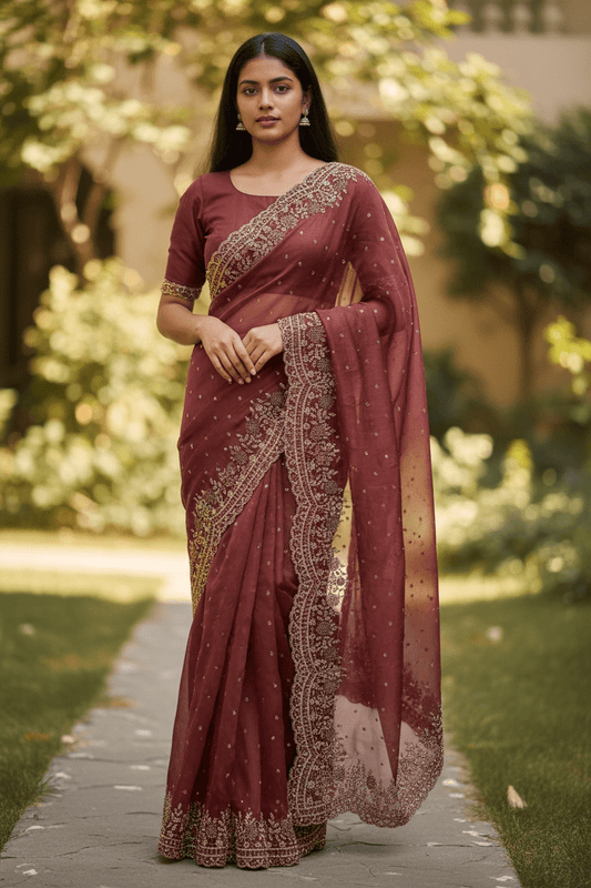 Dusty Pink - Classic Saree with Thread Work Border and Blouse Piece - UK stock - 24hr Dispatch - RS2529 JR - Prachy Creations