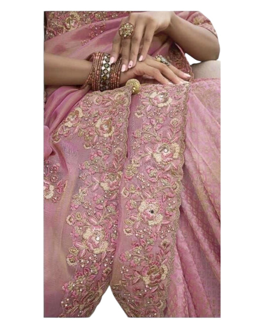 Dusty Pink- Handloom - Designer Embroidered Saree with Blouse Piece - SULBRI4008 PY 0425 - Prachy Creations